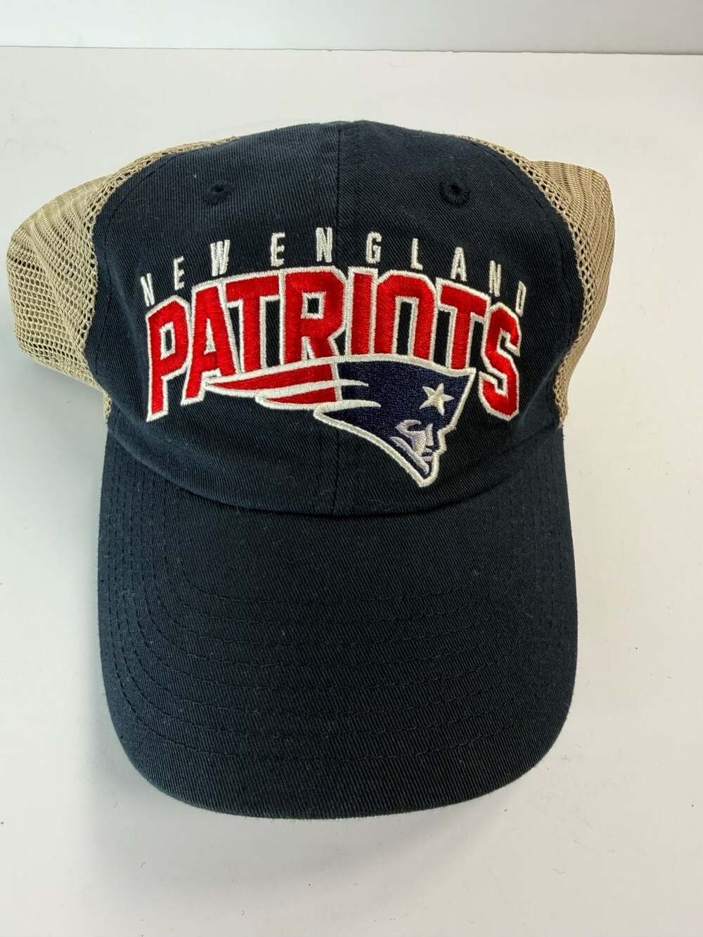 NFL New England Patriots Trucker Snapback Hat Cap Navy Blue Tan Mesh NWT